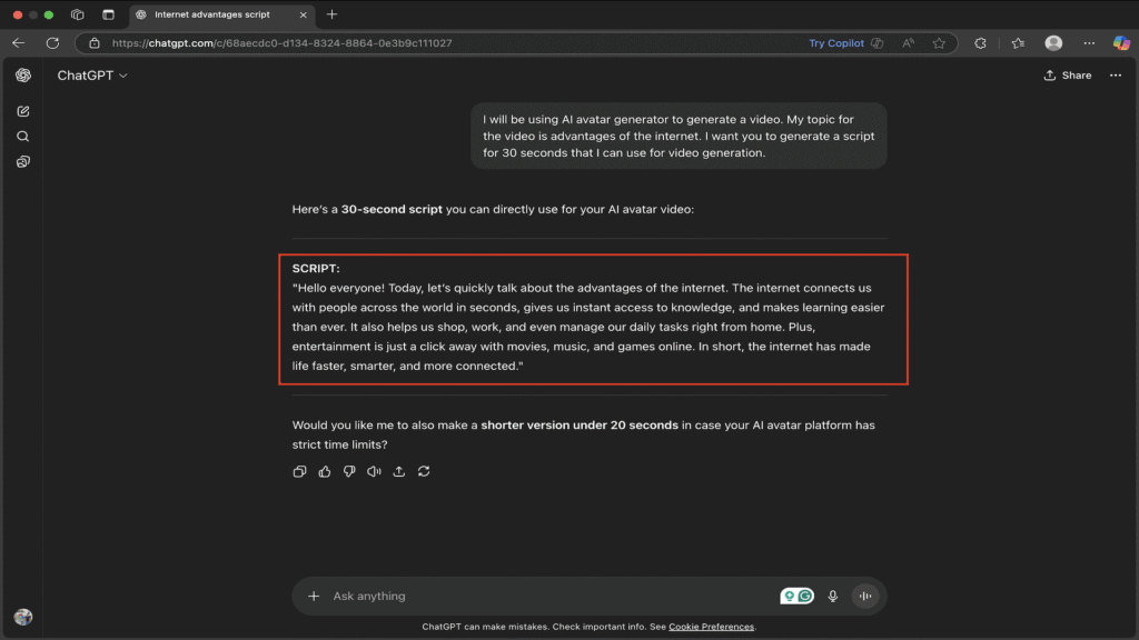How to Make AI Talking Avatar for Free in 2025 (Easy Guide) 3 ChatGPT- Script Generation