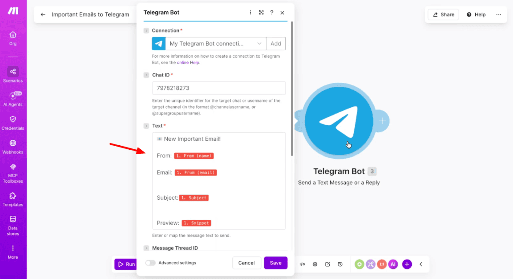 Make.com Email Automation: 4 Free Workflows to Save Hours Every Week (2026) 20 Make.com - adding Telegram bot